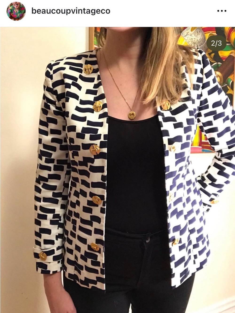 Vintage Navy & White Patterned Open Fit Women's Jacket Blazer